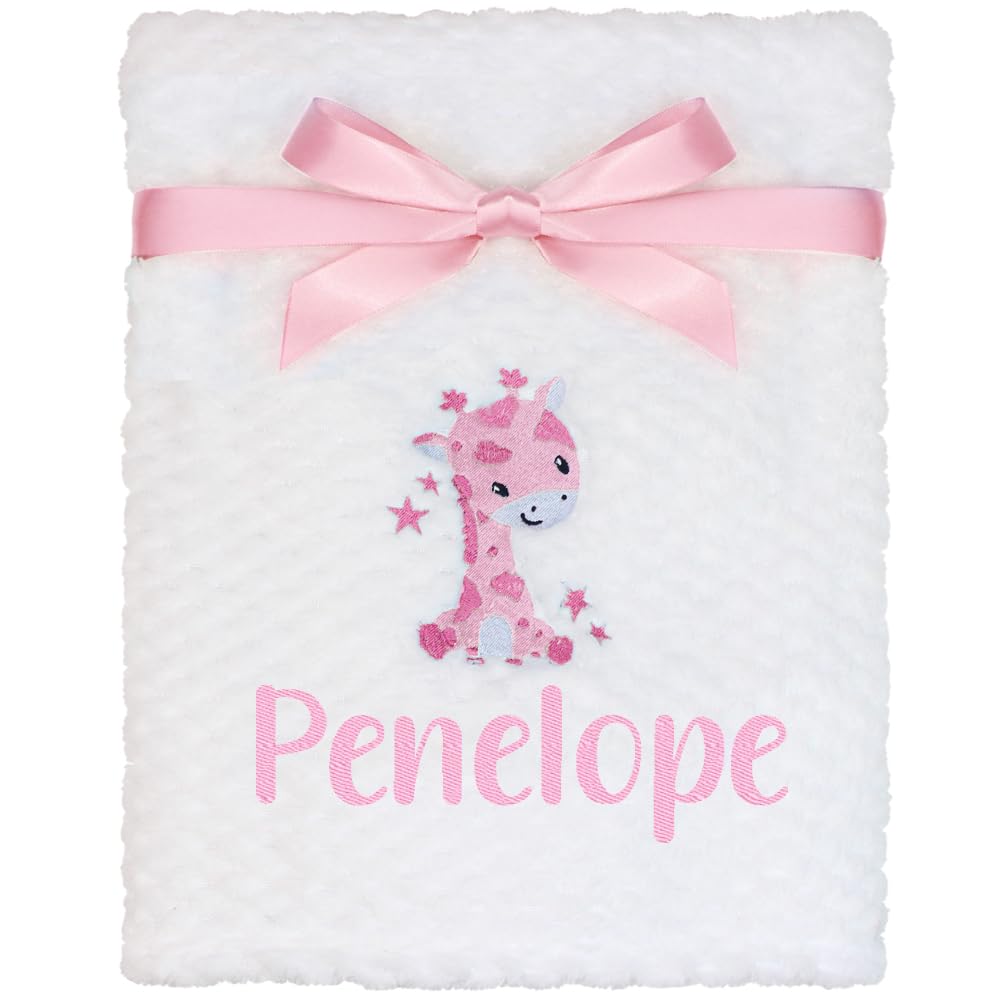 Teddyt's Pink Embroidery Personalised Baby Giraffe Embroidered White Waffle Blanket (Pink Embroidery)