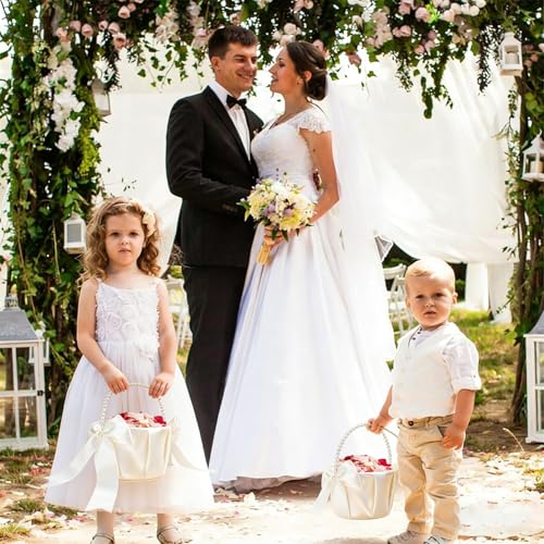 image for Lebsitey 4PCS Flower Girl Basket for Wedding, Pearl Handle White Satin