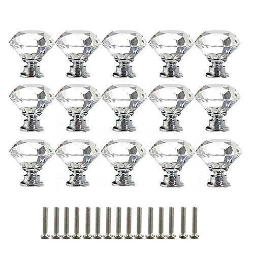 Pomos de Cristal,Tiradores de Cristal 15 piezas 30mm Aleación de Aluminio Diamante Pomos para Alacena Baño Cocina Gabinetes