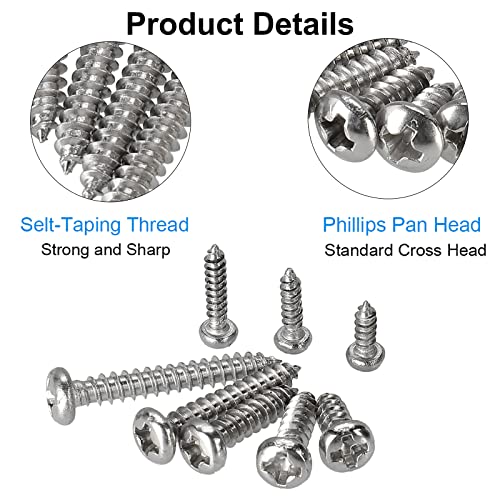 FandWay 595Pcs Self Tapping Screws 304 Stainless Steel,M2 M3 M4 Small Wood Screws Assortment,Pan Head Self Drilling Screw,Round Head Sheet Metal Screw Phillips Drive for DIY Wood Repairs. - Image 4