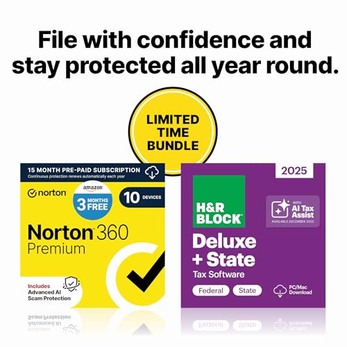 Image of H&R Block Tax Software Deluxe + State 2025 with Norton 360 Premium 2026 Ready Antivirus (10 Devices) Digital Bundle