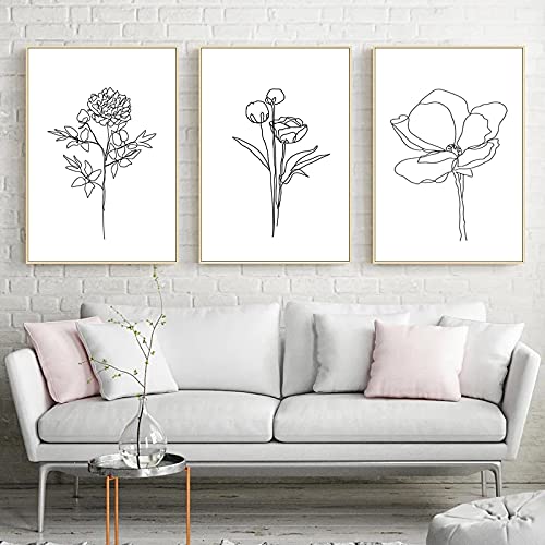 Art de la toile noir et blanc affiche plante florale croquis minimal mur maison