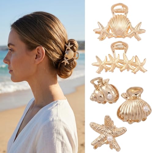 Set de 5 Pinzas de pelo con diseño concha marina, clips de playa para mujer, accesorios capilares dorados para fiestas en la playa y uso diario