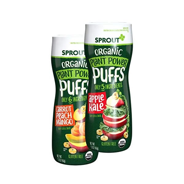 Sprout Organic Baby Food, Stage 2 Snacks, Carrot Mango and Apple Kale Plant Power Baby Puffs Variety Pack, 1.5 Oz Canister (6 Count)
