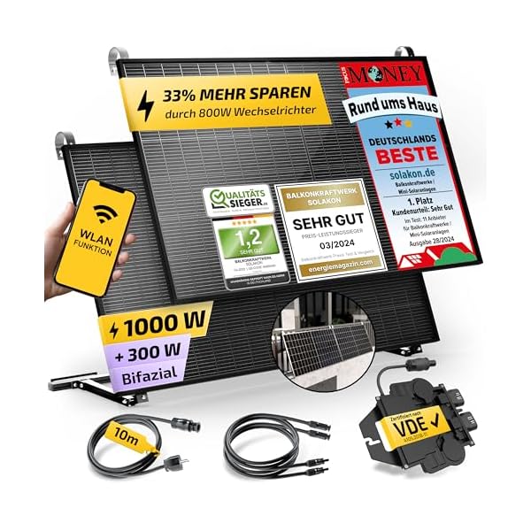 Solakon® 880W Balkonkraftwerk 800W / 600W komplett Steckdose - Upgradebarer Wechselrichter - 440W Bifaziale Solarmodule & 600W/800W Wechselrichter & Zubehör