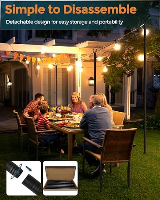 LAND¡¤VOI Metal String Light Poles for Outside Hanging - Backyard, Garden, Patio, 4 Pack Lighting Stand with Adjustable Height for Outdoor Parties, Wedding, Extra-Long 5-Prong Claws, (9.6FT) FLP04B