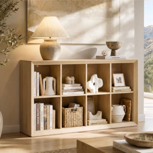8 Cube Storage Organizer, 48 inch Wood Bookshelf with 2 Anti-Tip | Wooden Cubby Storage Organizer with Base, Open Cube Storage for Books & Decor, Living Room, Home Office, Natural Wood