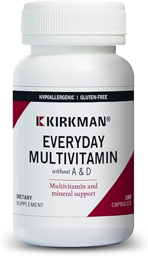 Kirkman - Multivitamínico diario sin vitaminas A y D - 180 cápsulas - Multivitamínico integral - Soporte mineral - Hipoalergénico