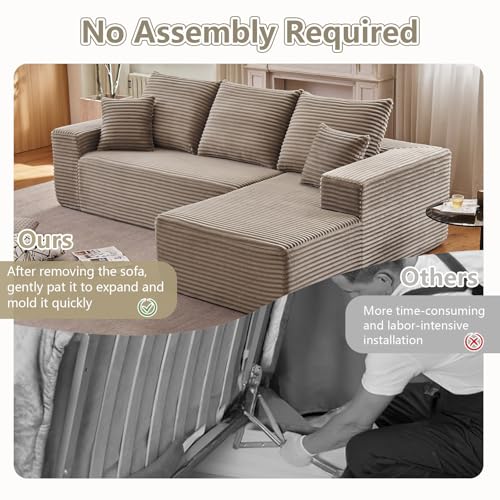 Image of 107 inch Cloud Sectional Couch with L-Shape Chaise, Modern Modular Comfy Sofa Chaise Longue, Upholstered Corduroy Couches Sleeper with Deep Seat for Living Room Bedroom, No Assembly Required, Camel