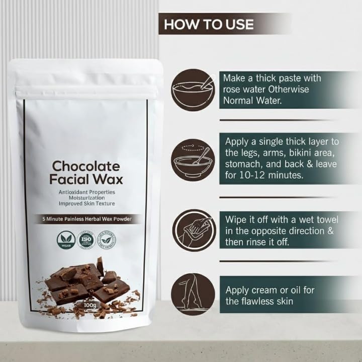 Chocalate Powder Wax - Herbal Hair Removal for Women | Face, Bikini, and Underarm Waxing | Painless 5-Minute Ayurvedic Hair Remover Powder | No Side Effects | Pack of 1,100gm