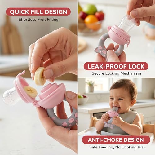 Image of Baybee Silicone Fruit Nibbler & Baby Food Feeder | Baby Teether & Pacifier for 3+ Months Toddlers | Babies Fruit & Food Veggie Teether for Infants | Hygenic & BPA Free Extra Soft Organic (Pink)