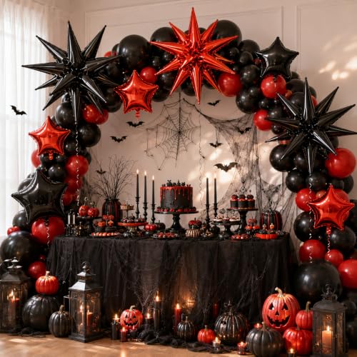 Image of Star Balloons Halloween Balloon Black Red Explosion Stars Balloon | 22 /18 /10 In Metallic Red Black Spike Stars Foil Balloon for Vampire Casino Happy New Year Eve Birthday Party Decor
