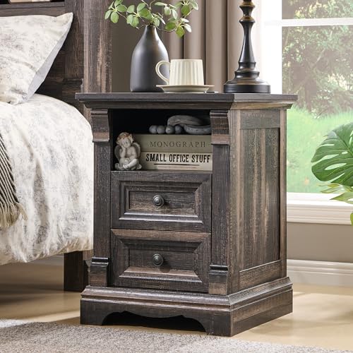 Image of Farmhouse Nightstand Set of 2, 18 inch Sofa Side Table with Charging Station