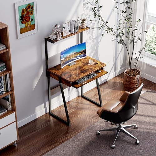 28 Inch 2-Tier Computer Desk with Keyboard Tray,Compact Home Office Workstation for Small Spaces, Modern Writing Desk for Office and Study (Brown)