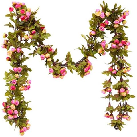 Artificial Rose Garland, Spring Rose Garland Vines with Silk Fake Rose flower and Greenery Leaves, Summer Rose Flower Hanging for for Wedding Wall Kitchen Home Garden Hotel Party Arch Decoration(Pink) Cover
