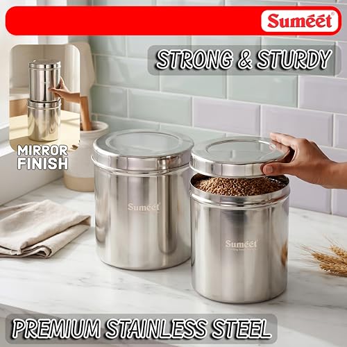 Image of Sumeet Stainless Steel Big Dabba /Canisters /Vertical Storage Container for Kitchen, 17cm & 18cm Dia - 3500ml - (3.5Kg to 4Kg Approx) & 4500ml - (3.9Kg to 4.5Kg Approx)