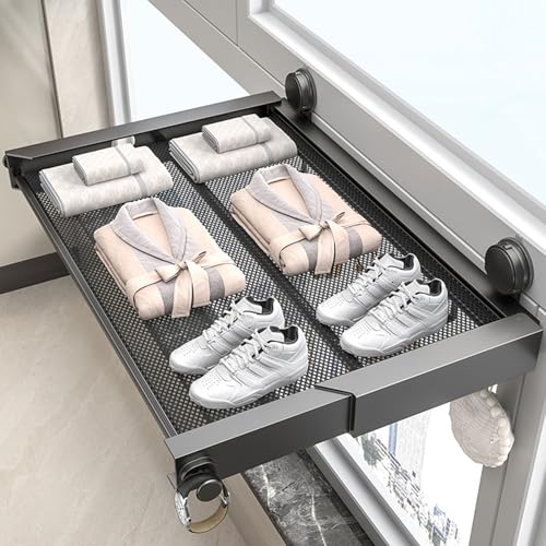 Oemmn Wäscheständer Ausziehbar 0-45cm, Klappbar & Wandmontiert aus Stahl Schwarz für Badewanne und Balkon (Kleidung, Soc...