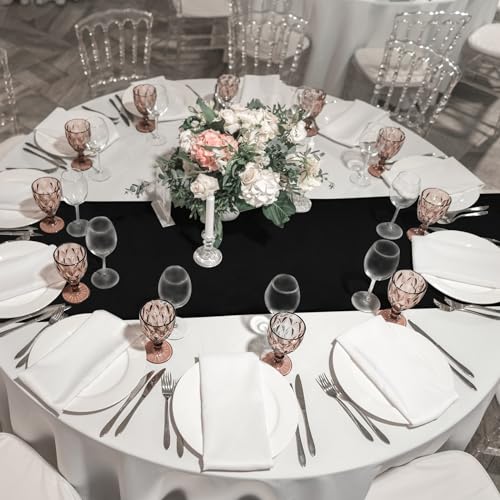 Image of 12Pack 12x108 Inch Satin Table Runner and 84 Inch Round Plastic Tablecloths White and Black Disposable Round Table Cover for Graduation Wedding Bridal Shower Anniversary Birthday Party Decorations