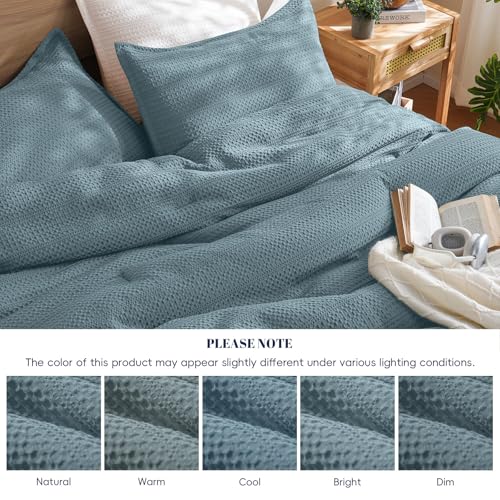 Image of PHF Soft Waffle Comforter Set Queen Size- Comfy Breathable Waffle Weave Comforter with 2 Pillow Shams, 3 Pieces Less Snagging Lightweight Textured Bedding Set for All Season, Stormy Blue