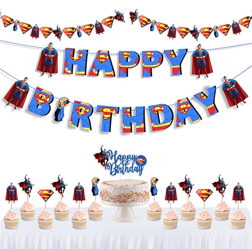 Suprmn Theme Birthday Party Supplies Superhero Decorations Set Includes Happy Birthday Banner Cake Topper Cupcake Toppers Garland & Table Dcor Hero Party Decoration Kit