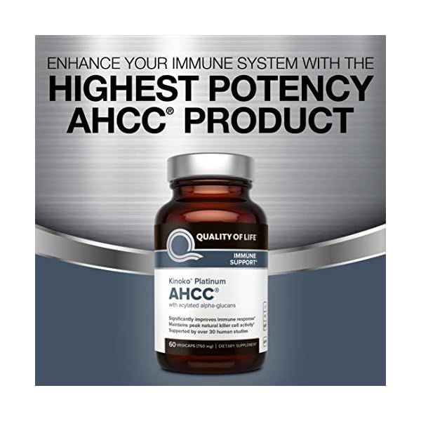 Quality of Life Premium Kinoko Platinum AHCC Herbal Supplement, 750mg of AHCC per Capsule, for Immune Support, Liver Function, Maintains Natural Killer Cell Activity, 1 Pack, 60 Veggie Capsules