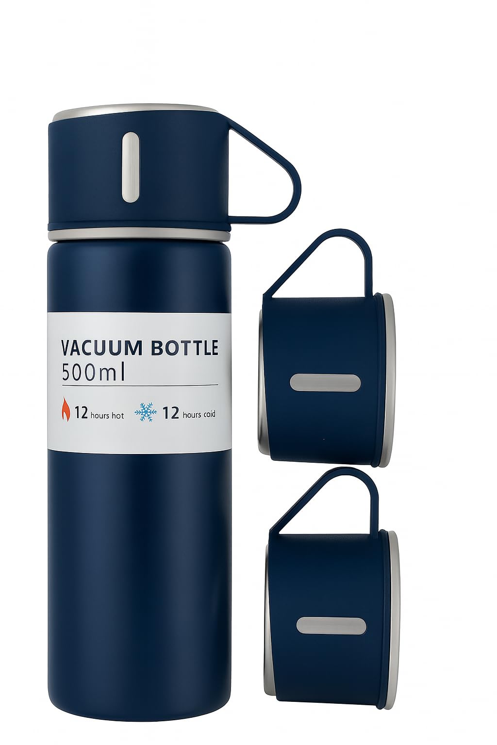 Premium Vacuum Flask Set | Leak-Proof Insulated Bottle with 2 Cups | Hot & Cold Water Storage (Navy Blue)
