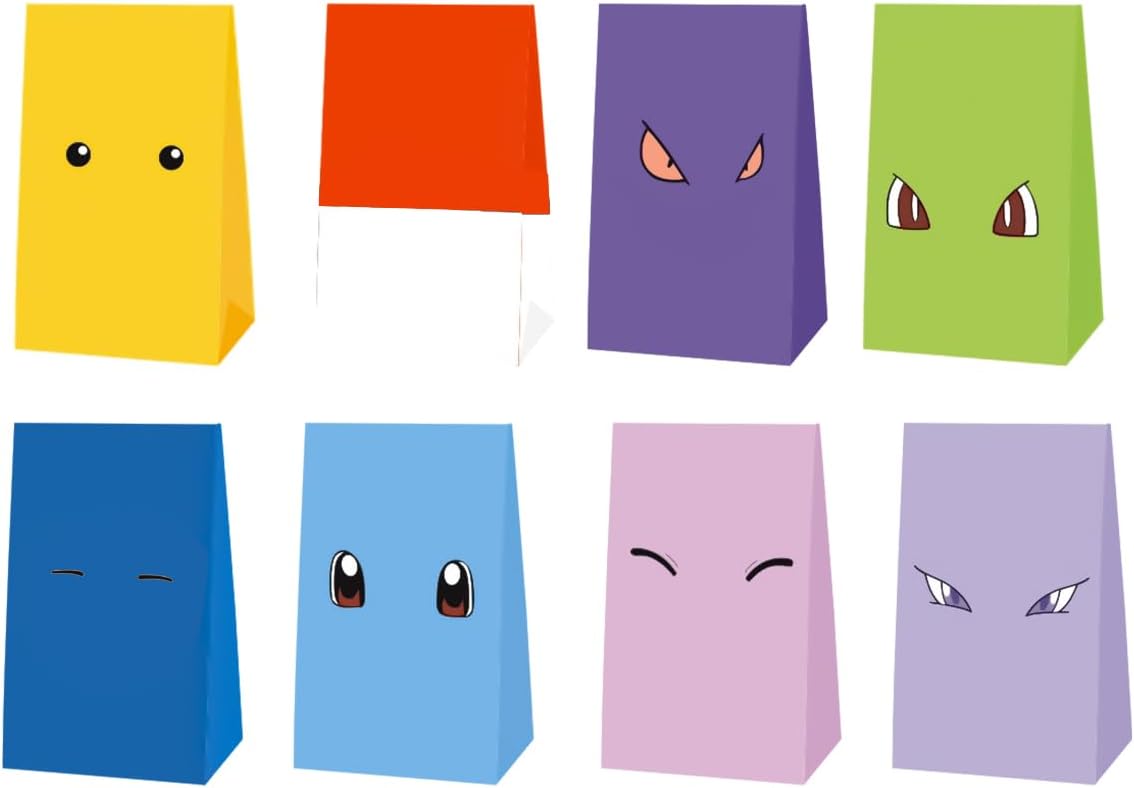 OULUN 16pcs Cartoon Animation Party Bags, Thickened Paper Party Favor Bags, 8.3 x 4.7 x 2.7 inches, Red, Yellow, Green, Blue, Purple, Birthday, Christmas