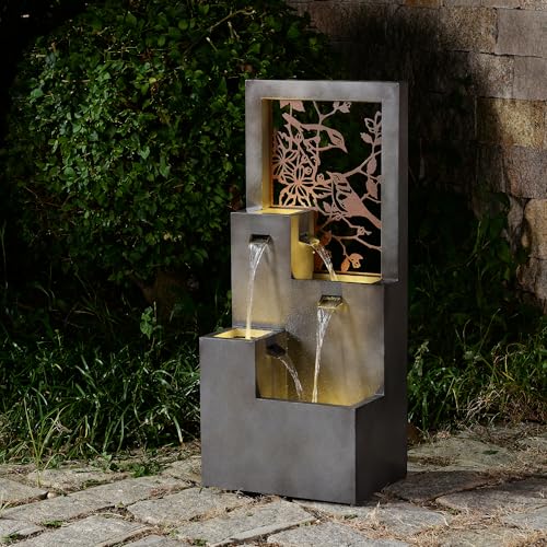Metal Water Fountain with Bird Design and LED Lights - Outdoor