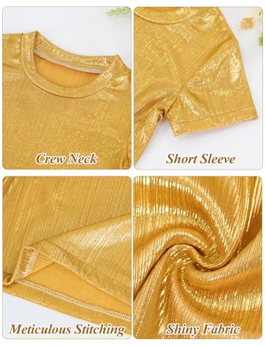 Image of Happy Cherry Kid Girl Shiny Skirt and Top Set 2 Piece Texture Ribbed Metallic Disco Rave Cheer Outfit 4-12T