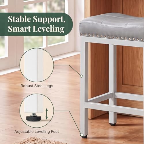 Image of 24 Inch Bar Stools Set of 2, PU Leather Counter Height Stools | Upholstered Modern Saddle Barstools with Metal Base and Footrest for Home Bar, Small Apartment, Grey