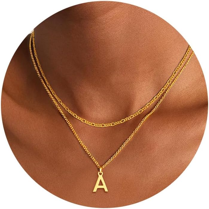 Gold/silver Initial Necklaces for Women, Non Tarnish 14k Gold Plated/Silver Layered Letter Initial NecklaceTrendy Dainty Pendant Choker Cuban Figaro Chain Necklace Gold Jewelry for Women Gift