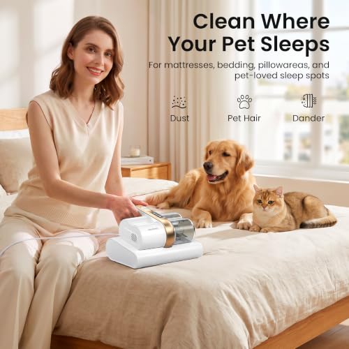 Image of HEAPETS Mattress Vacuum Cleaner, 16Kpa Bed Vacuum with 275nm UV-C Light & 149℉ Heat & Ultrasonic, Dual High-Speed Roller Brushes & H13 HEPA Filter for Pet Hair, Bed, Sofa, Couch, Corded White