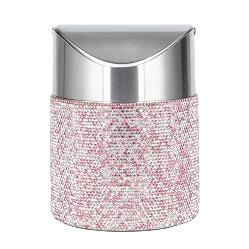 Image of KEYPOWER Bling Rhinestone Mini Trash Can Tiny Waste Can with Swing Lid Stainless Steel,Suitable for Countertop,Car,Table Desk(Pink)