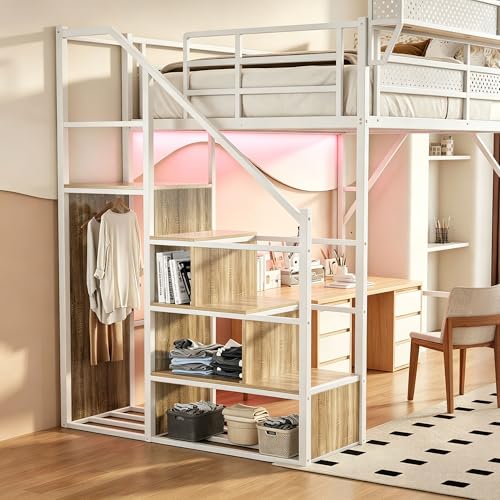Image of Queen Size Metal Loft Bed with Reversible Stairs and LED & USB Port | Storage Shelf, Reversible Storage Stairs with Wardrobe, LED Lights,USB Charging Port,Noise-Free Design, Large Under Bed