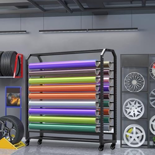 Movable Vinyl Wrap Storage Rack with Wheels - Adjustable Film Display Stand for Car Color Change & Wallpaper, 10 Rod Organizer, 160cm - Ideal for Fabric Rolls & Tablecloths