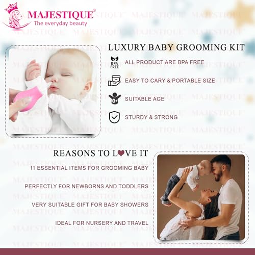 Image of Majestique 11-in-1 Baby Grooming Kit | Portable Newborn Baby Grooming Set | Complete Manicure & Healthcare Kit for Infants, Toddlers, and Kids (Pink)