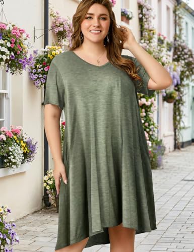 Image of OVERWORETY Womens Short Sleeve Plus Size T-Shirt Dress V Neck Casual Loose Swing A-Line Summer Tunic Dresses with Pockets