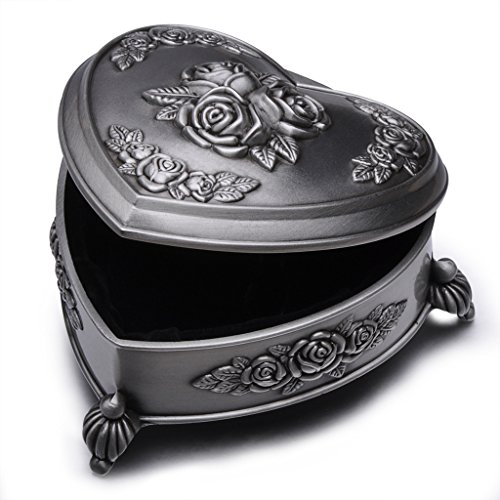 Unendlich U Prinzessin Schmuckbox mit Vintage Style Antique klein Herz und Liebe Rose mit Schmuckkästchen für Damen/Mädchen,Reines Zinn-Schmuckstück,Silber