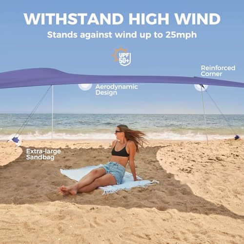 Image of WEKAPO Beach Tent Sun Shelter - Easy Setup Beach Canopy with 4 Sturdy Poles