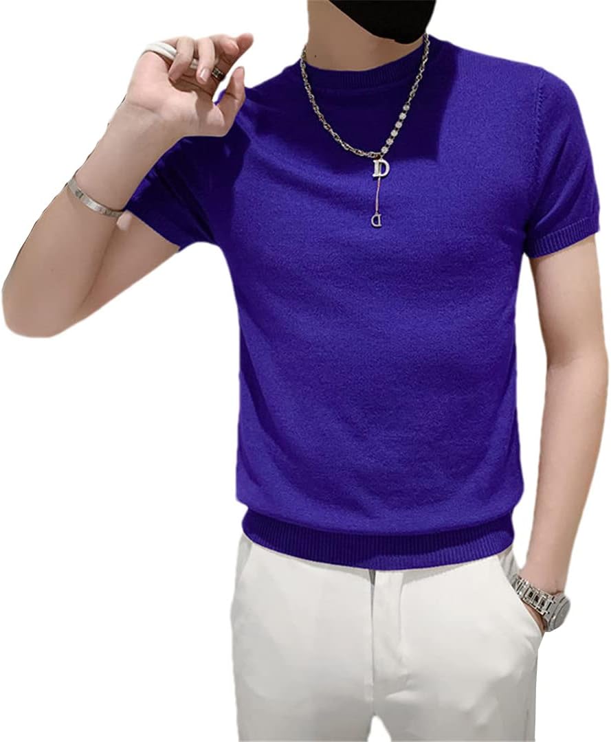 Men's Summer Half High Collar Knitted T-Shirt Solid Color Short Sleeves Pullover Sweater Slim Tee Shirt