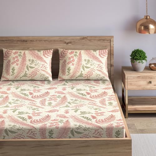 Image of Trance Home Linen 100% Cotton 144TC Elastic Fitted Bedsheet | Printed Single Size Bed Elasticated Fitted Bedspread with 1 Pillow Cover (72x30 inch, Foliage Peach)