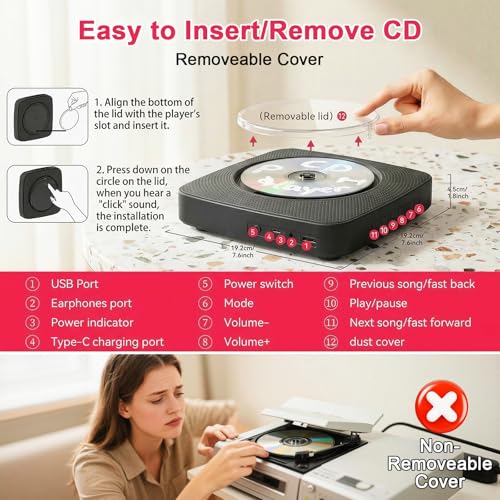 Image of Gueray Portable CD Player Bluetooth: CD Players for Home Rechargeable Desktop Wall Portable CD Player with Bluetooth & Dual Speakers 1800mAh Boombox FM Radio MP3 Music Player (Jet Black)