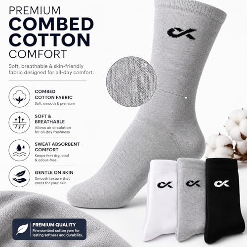 Image of XJARVIS Texas Men's Solid Calf Crew Combed Full Length Cotton Formal Socks, Odour Free & Breathable, Free Size - Ideal for Home, Office Wear (WHITE /GREY /BLACK)