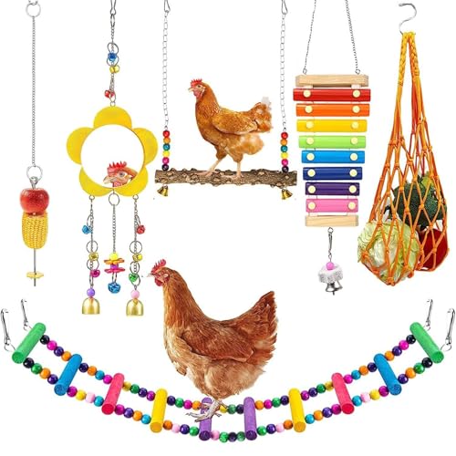 Hilai 6 Pezzi Giocattoli per Polli, Scala per Polli Altalena in Legno Naturale, Specchio per Xilofono con Campane Frutta Mangiatoia Appesa Accessori per pollai per Uccelli Gallo Galline Pulcini