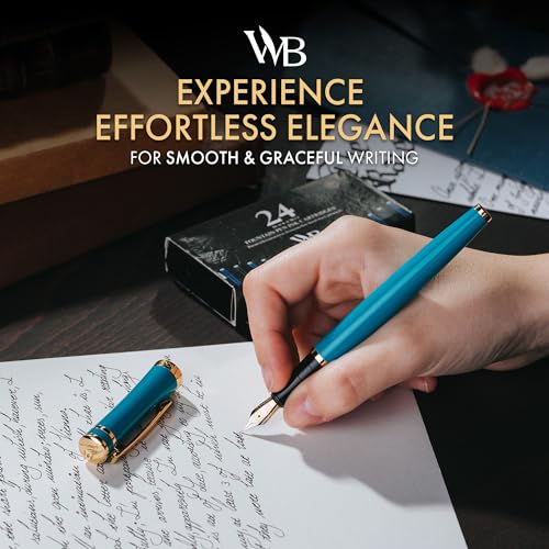 Image of Wordsworth & Black Fountain Pen Set for Writing, Medium Nib, Turquoise | Gift for Men & Women, Brass Body, 18K German Iridium, Calligraphy, Converter + 24 Ink Cartridges, Refillable, Leak-Free