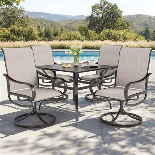Image of PHI VILLA 5 Pcs Patio Dining Set for 4, Swivel Mesh Chairs, Grey | 4 textilene dining chairs. 37 inch metal square table with umbrella hole, all weather E-coated metal frame for outdoor deck lawn