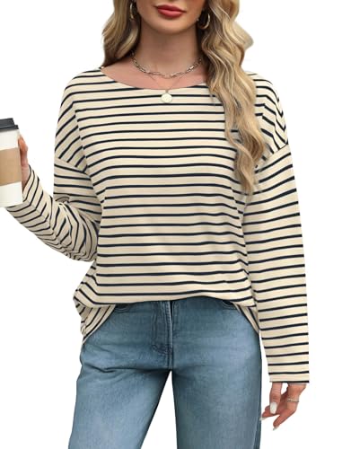Ofeefan Women'S Long Sleeve Striped T-Shirt Drop Shoulder Boat Neck Tops Plus Size Loose Tunics Blue And White Striped Shirt Xl thumb #1