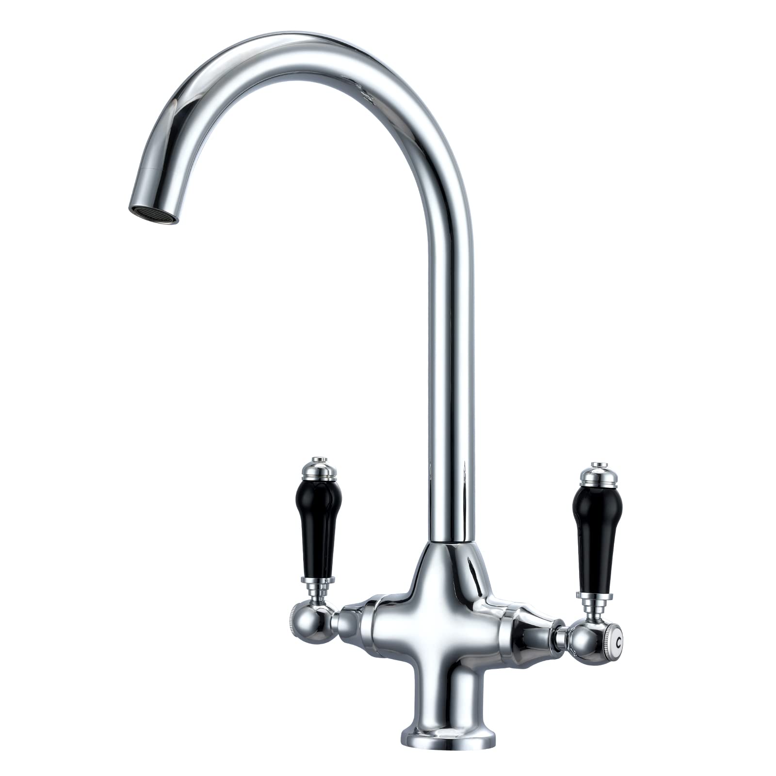 Kitchen Sink Tap Mixer with Black Dual Lever Traditional Mono Swan Neck Victorian Style Kitchen Mixer Faucet 360 Swivel Spout Brass Chrome Monobloc Rustic Bar Tap with Ceramic Twin Lever Country Style