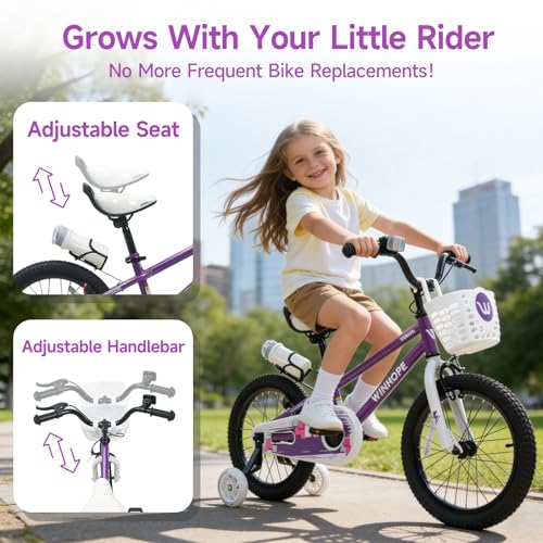 Image of WinHope 12-18 Inch Kids Bike with Light up Training Wheels for Boys Girls | Dual Brake Bicycle with Basket Adjustable Seat Water Bottle for Summer Riding Birthday Gift for Toddler 2-9 Years