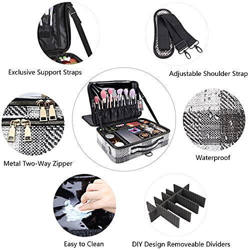 OEWOER PU Leather Large Makeup Bag 3 Layers Cosmetic Organizer Case Portable Artist Travel Make Up Storage Box with Shoulder Strap and Adjustable Dividers for Cosmetics Makeup Brushes Toiletry Accessories